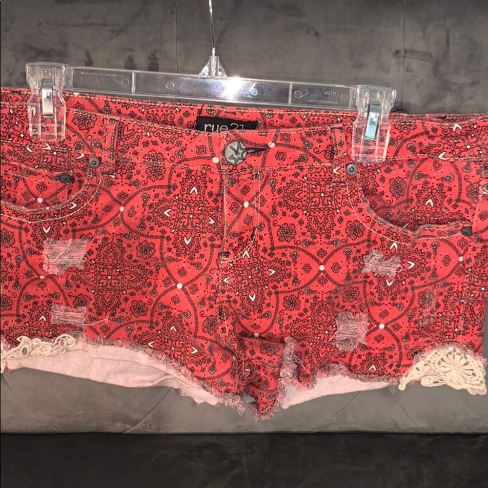 paisley red denim shorts